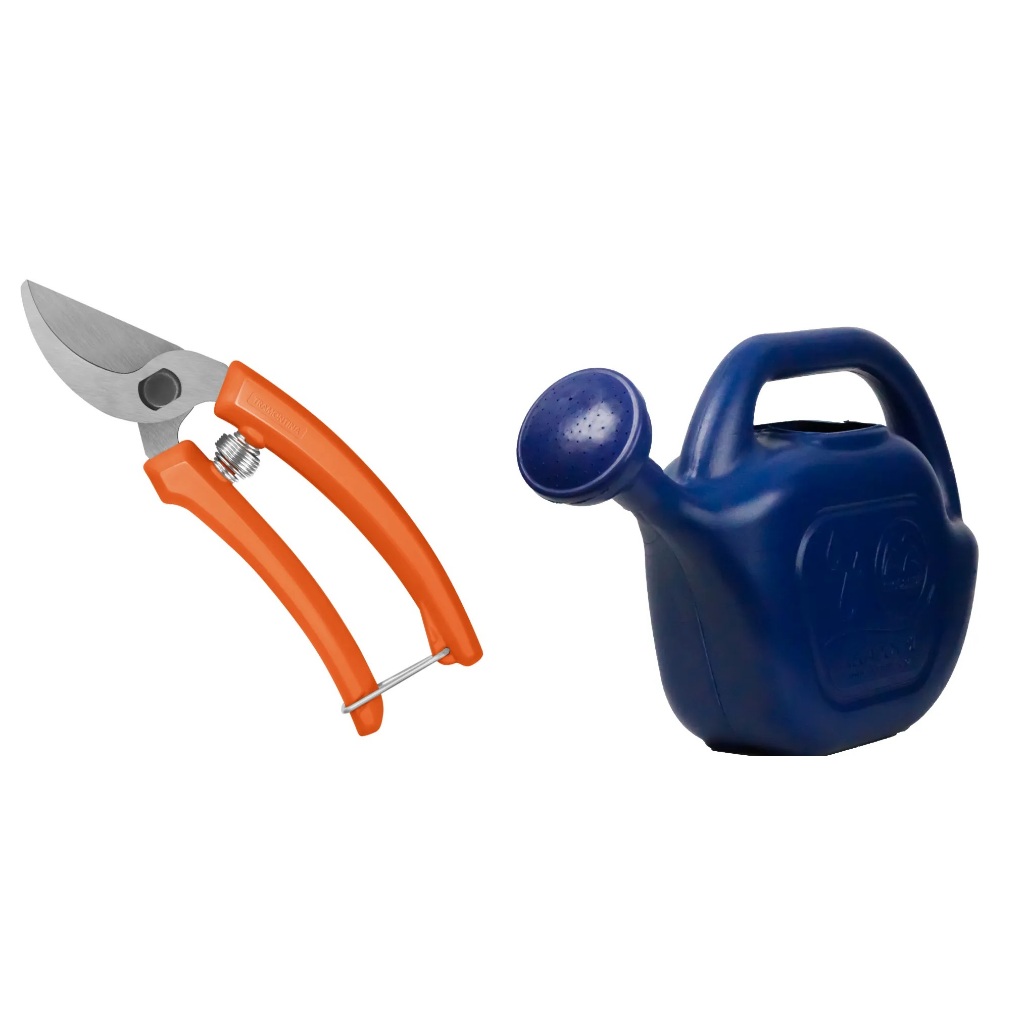 Kit de Jardinagem com Tesoura de Poda Tramontina e Regador Plástico Azul Metasul 5 Litros