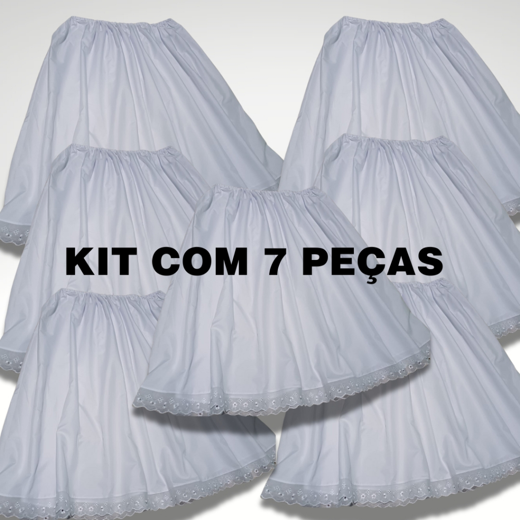 KIT COM 7 PEÇAS ROUPA RELIGIOSA SAIA DE UMBANDA E CANDOMBLÉ BRANCA SAIA DE RAÇÃO TECIDO MICROPERCAL 85CM 2,5 DE RODA