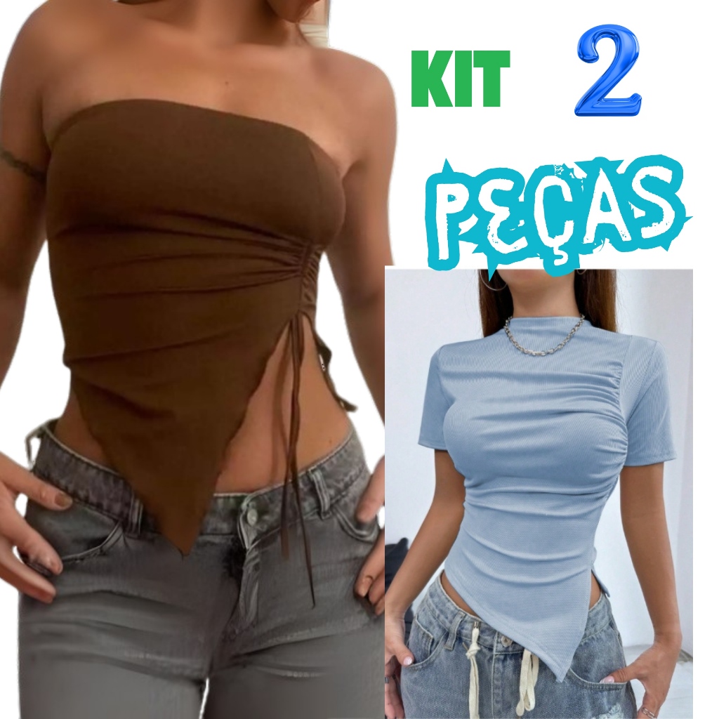 KITS 2 PEÇAS CROPPED, CASUAL, TOMARA QUE CAIAMAIS CAMISETA CASUAL,TENDENCIA, VERAO, 2025