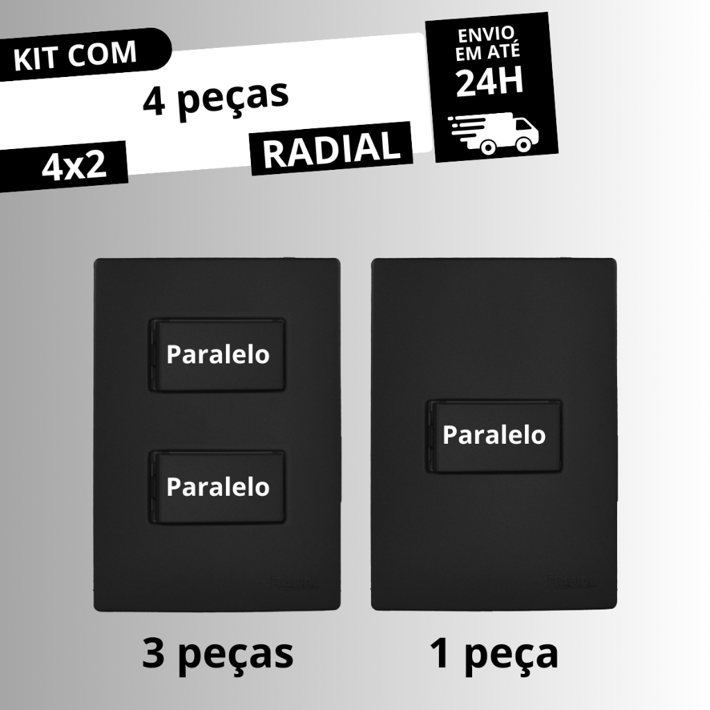Kit 3 Interruptor Duplo Paralelo + 1 Interruptor Paralelo Linha Ouro Preto Fosco RADIAL