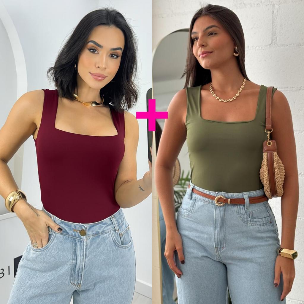 Kit 2 Blusa Feminina Regata Suplex Decote Quadrado Alça Larga Basica Elegante Slim Social Promoção