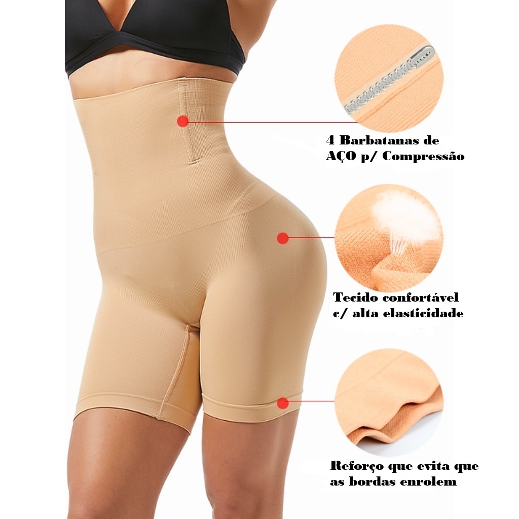 SHORT CINTA MODELADORA ORIGINAL 4 Barbatanas – Alta Compressão, Não Enrola, Empina Bumbum