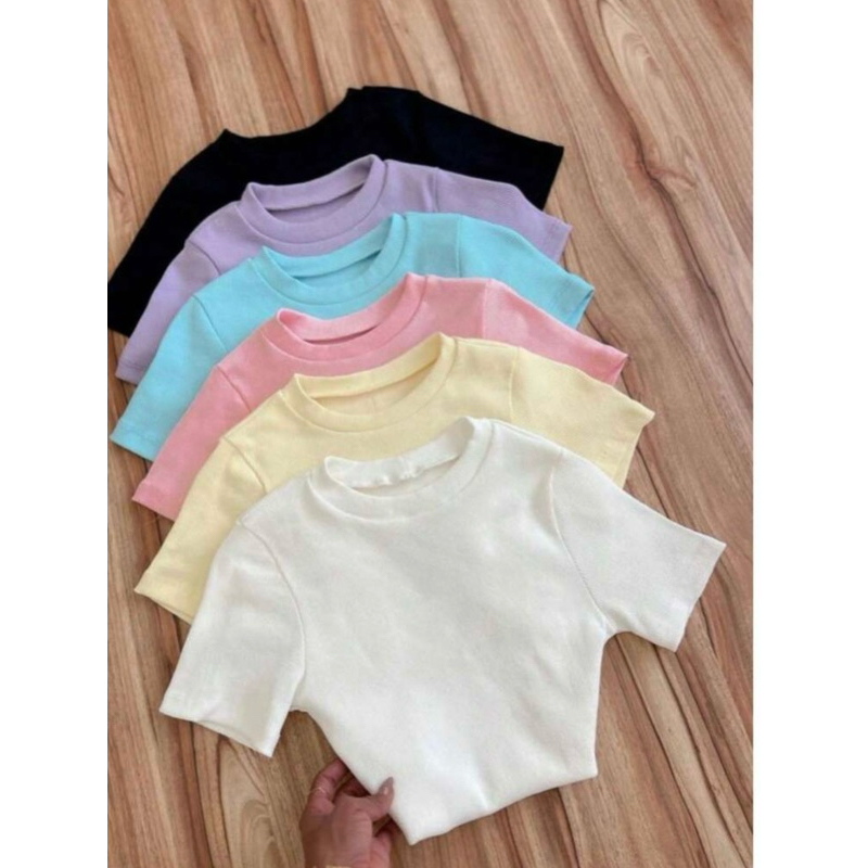 Kit 2 Blusas Femininas Básicas Caneladas Manga Curta Gola Redonda Confortável Cores Neutras Pastel Moda Casual Versátil