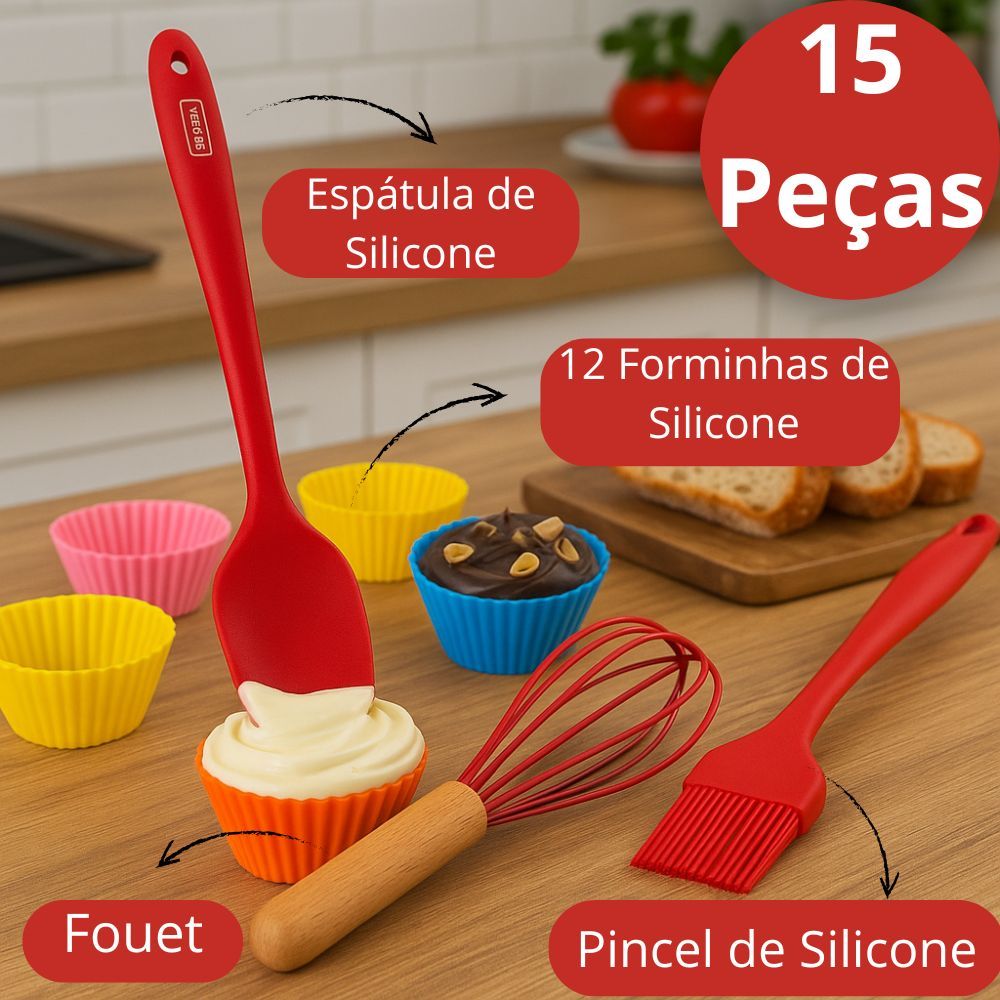 Kit Confeitaria Profissional e Doméstica 12 Formas Cupcake Fouet Espátula Pincel Silicone
