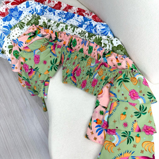 Cropped Lastex Ciganinha Babado Estampado Tropical Estiloso Confortavel Ombro a Ombro em Oferta na Shopee