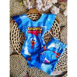 Conjunto Bodys Menina Infantil Temático Galinha Pintadinha Azul + Short