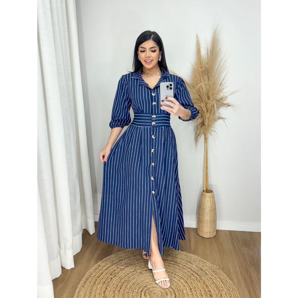 vestido mídi camisa com botões funcional azul-marinho, azul bebe, caramelo, verde, azull