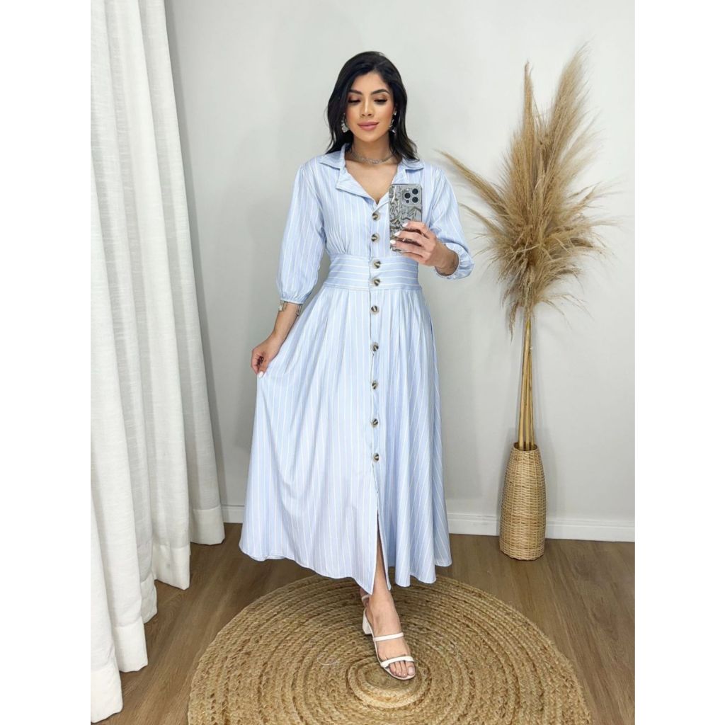 Detalhes do vestido mídi camisa com botões funcional azul-marinho, azul bebe, caramelo, verde, azull