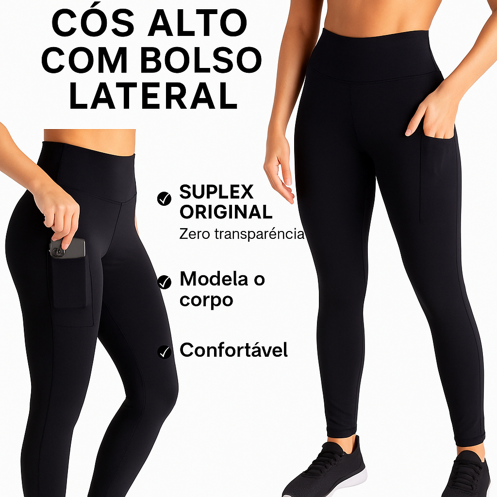 Kit 2 Calça Legging Feminina com Bolso Lateral Zero Transparência Cintura Alta