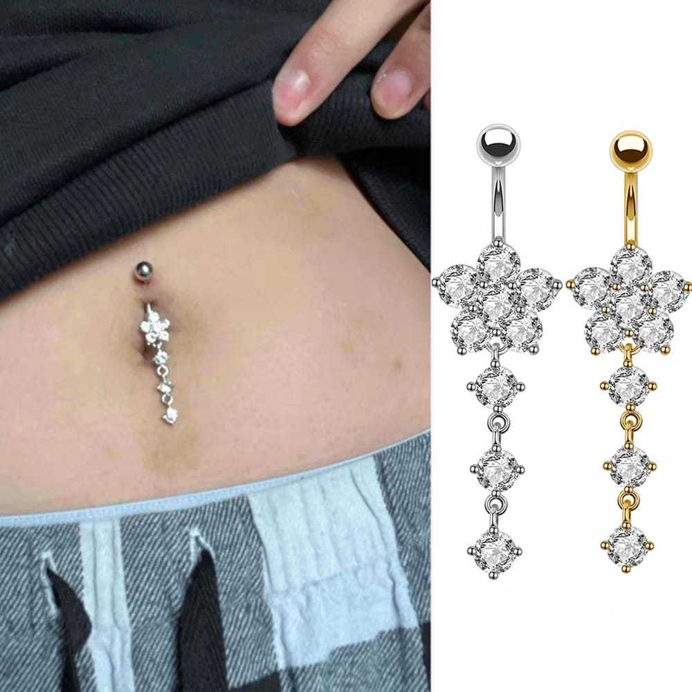 Piercing Pingente de Flo de Umbigo Com Pedraria de Zircônia ,Cor Prata/dourado