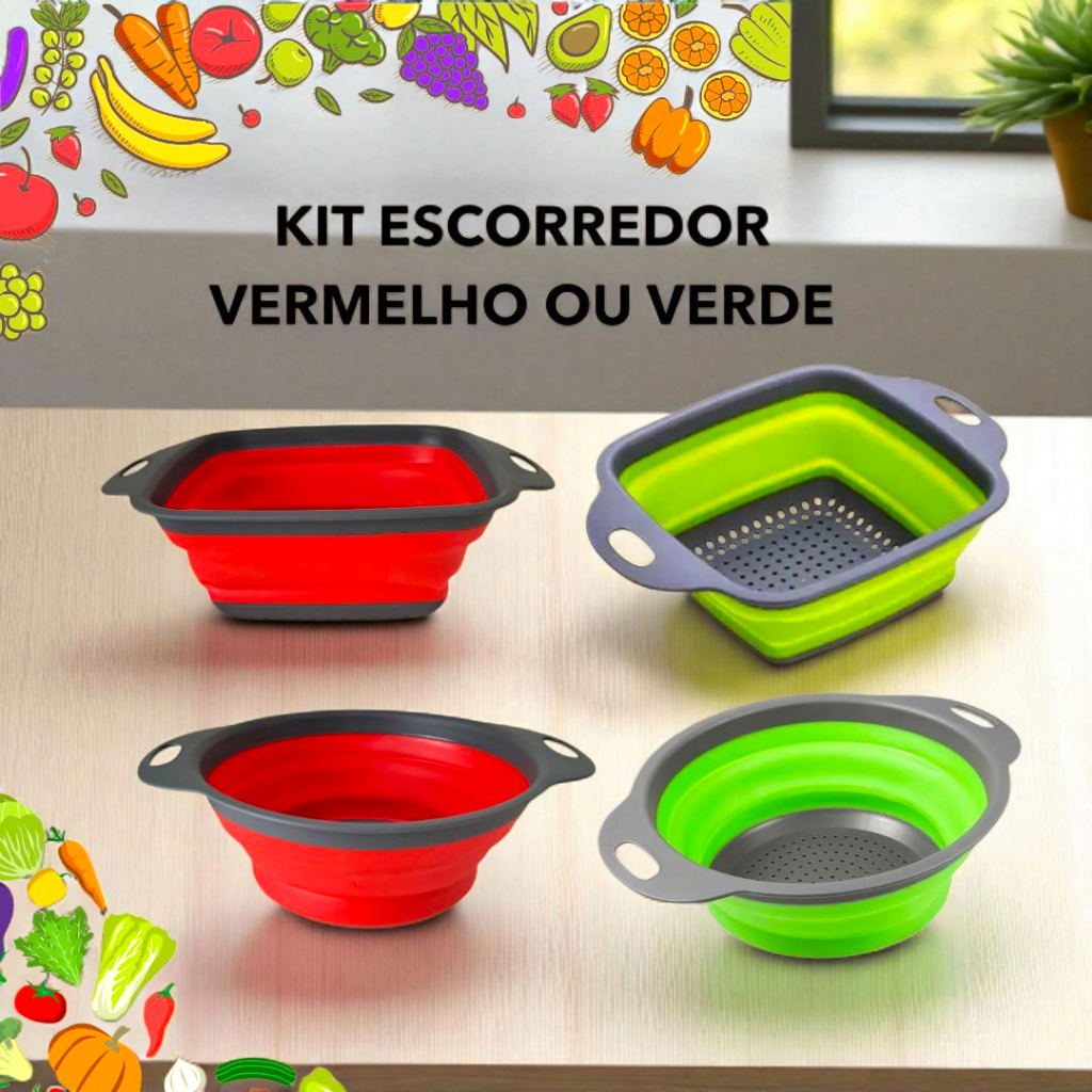 KIT Escorredor Retrátil Redondo-Quadrado Dobrável Silicone Multiuso Verduras Frutas Arroz Macarrão