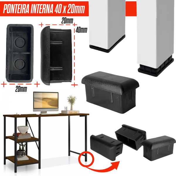 Ponteira Para Tubo Pé de Mesa 40x20mm Tampa Interna Metalon Retangular Kit 20/40/80/100/120 Uni