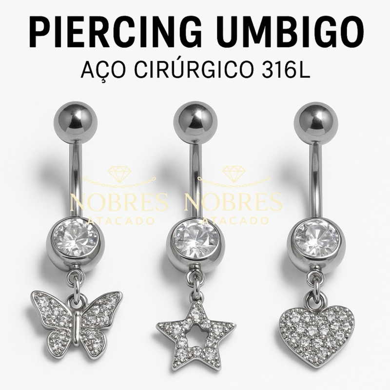 Piercing Umbigo Coração | Estrela | Borboleta Cravejado Prata Aço Cirúrgico 316L Antialérgico Feminino Body Piercing em Oferta na Shopee