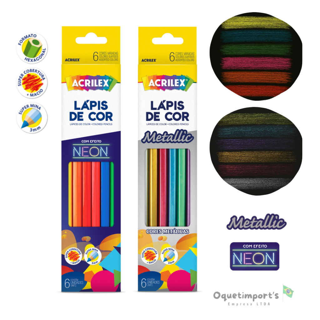 Lápis De Cor Neon + Metalic 12 Cores Neon Super Cobertura - Acrilex em Oferta na Shopee