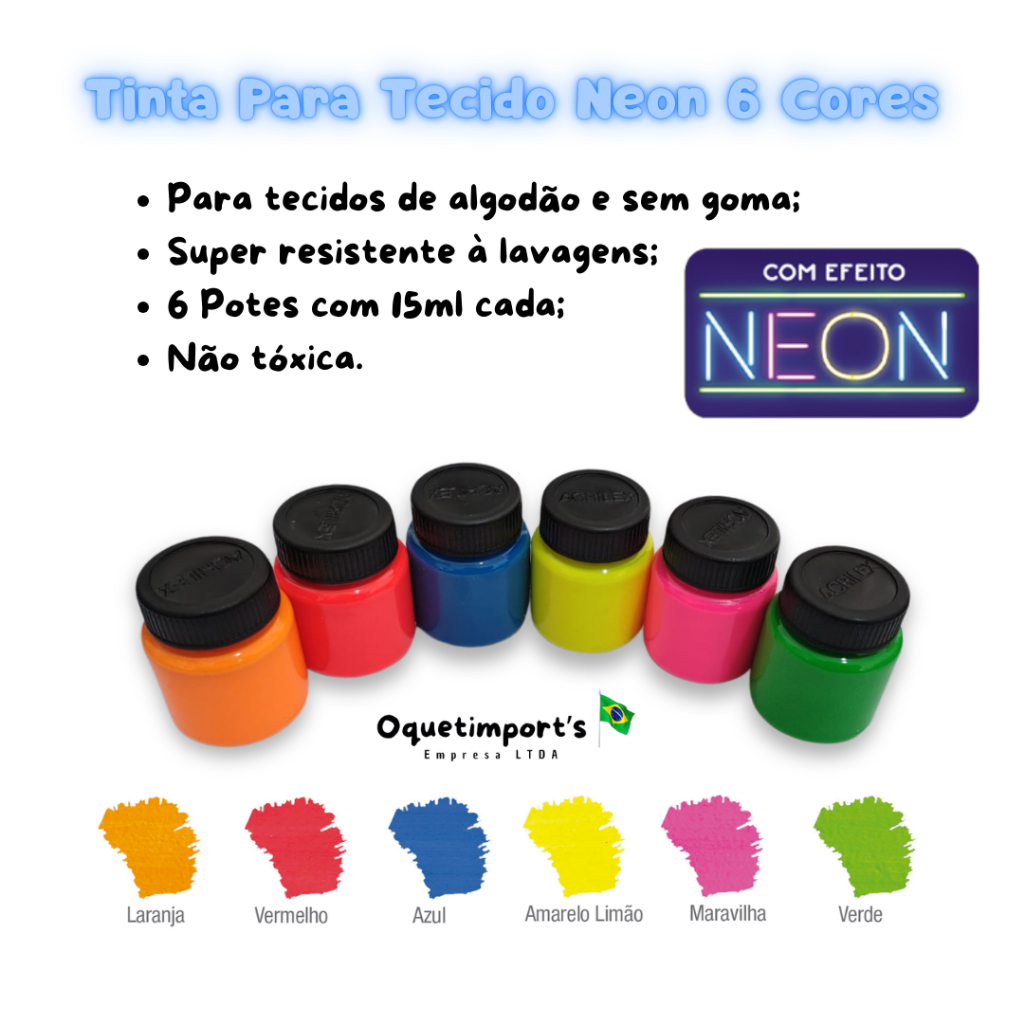 Kit Tinta Tecido 6 Cores + Tinta Tecido Neon 6 Cores 15ml - Acrilex