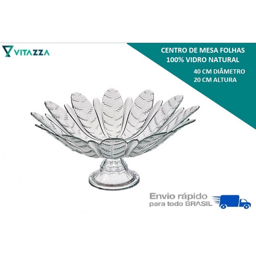 Fruteira De Vidro Centro de Mesa Vidro Com Pe Folhas 40cm Vitazza