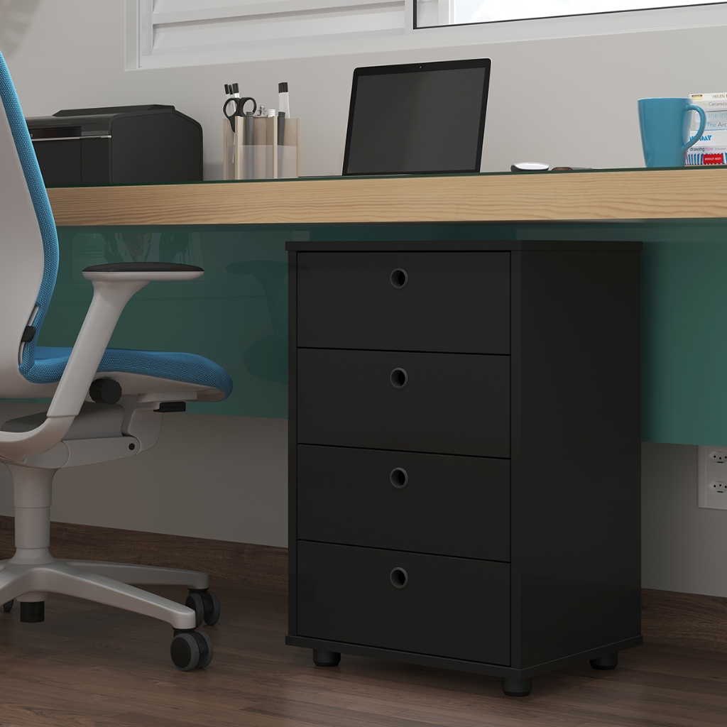 Gaveteiro organizador Escritório Home Office 4 Gavetas e Sapatas plásticas Preto