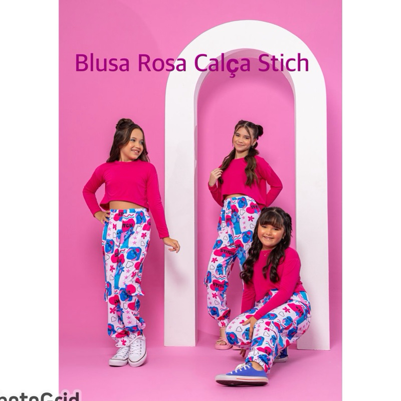 Conjunto infantil Angel e Stich, com cropped e calça cargo e conj com shorts juvenil, blusinha aveludada manga longa