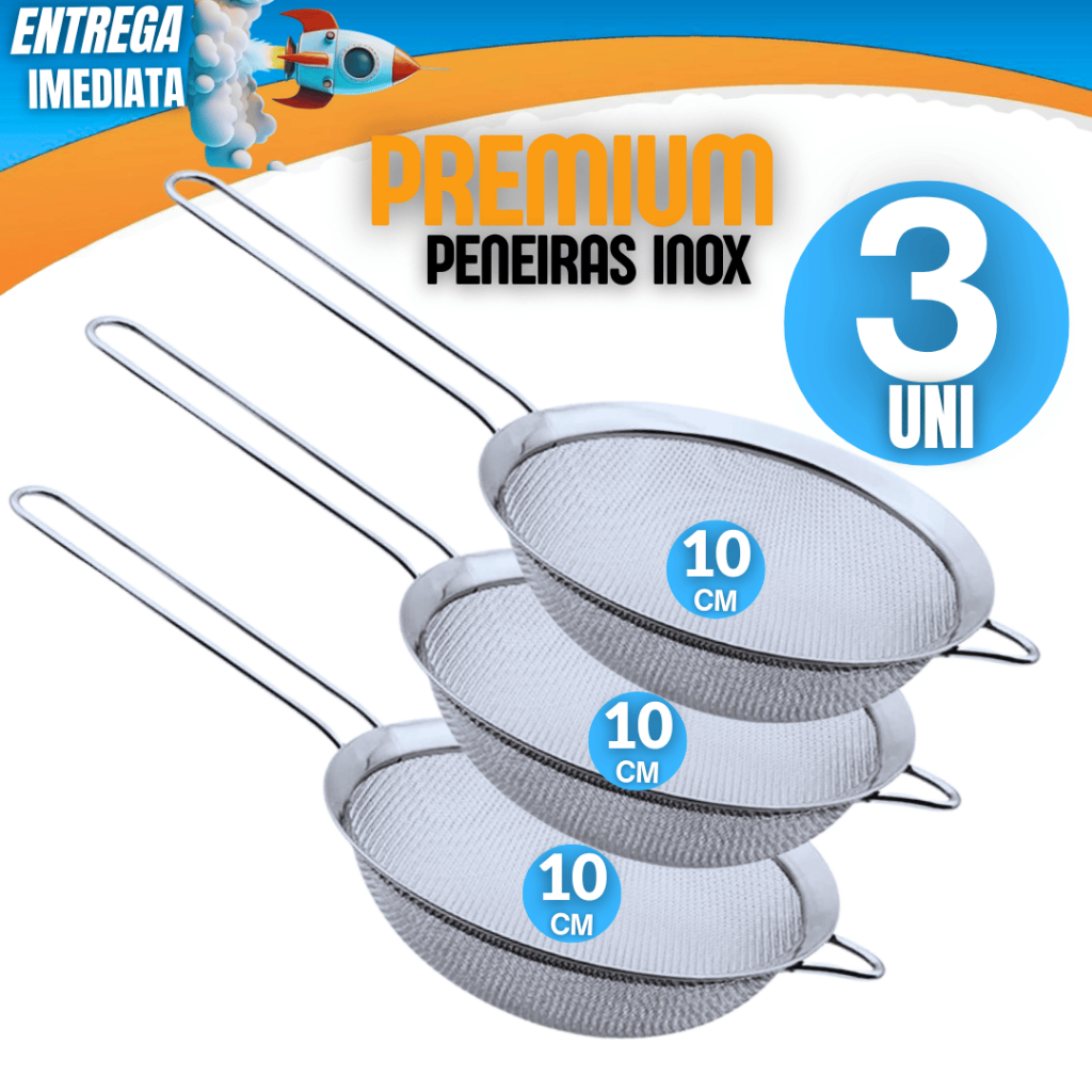 Kit 03 Peneira Coador Manual Em Aço Inox Para Cozinha 10CM Multiuso Premium Variáveis Utilidades