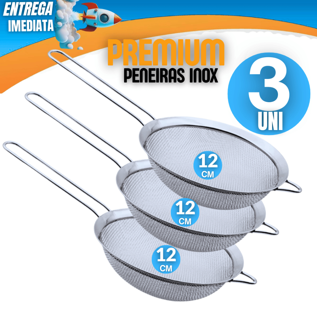 Conjunto Kit 03 Peneiras Peneira Coador Manual Em Aço Inox Para Cozinha 12CM Multiuso Premium Variáveis Utilidades
