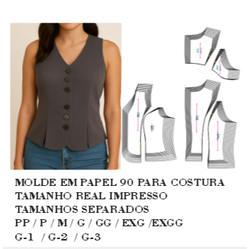 MOLDE,MODELAGEM PARA COSTURA DE BLUSA COLETE SEM MANGA IMPRESSO EM PAPEL 90 GM HSTZ-279