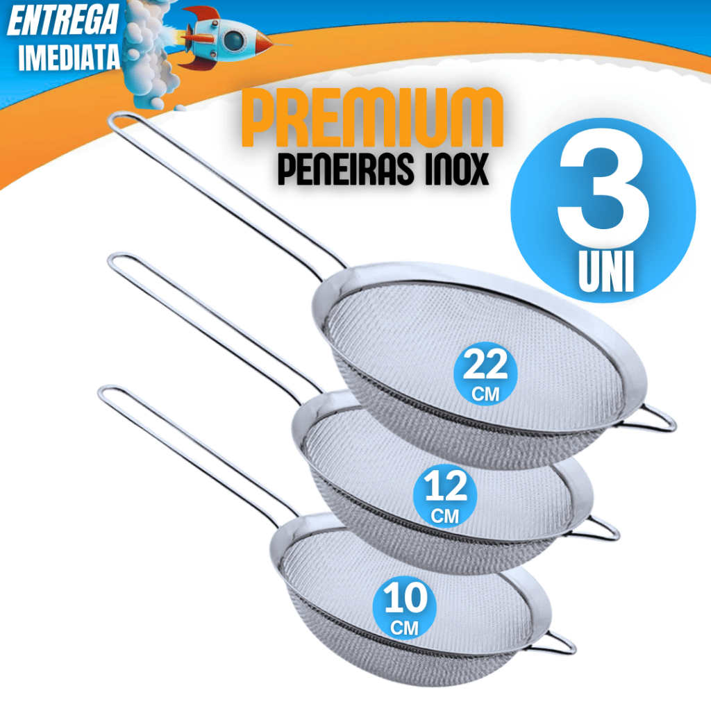 Kit 03 Peneiras Peneira Coador Manual Em Aço Inox Para Cozinha 10CM 12CM  20CM Multiuso Premium Variáveis Utilidades