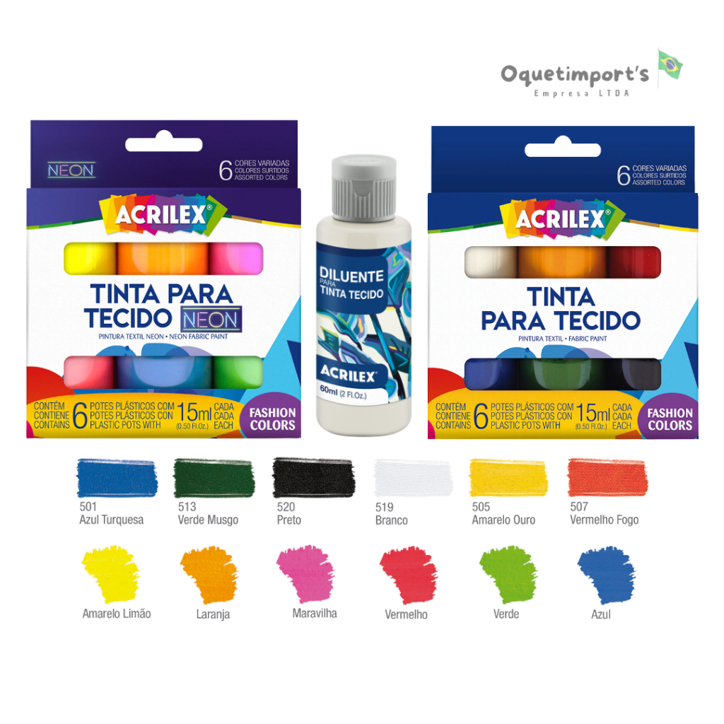 Kit Tinta Tecido 6 Cores + Tinta Tecido Neon 6 Cores + Diluente - Acrilex em Oferta na Shopee