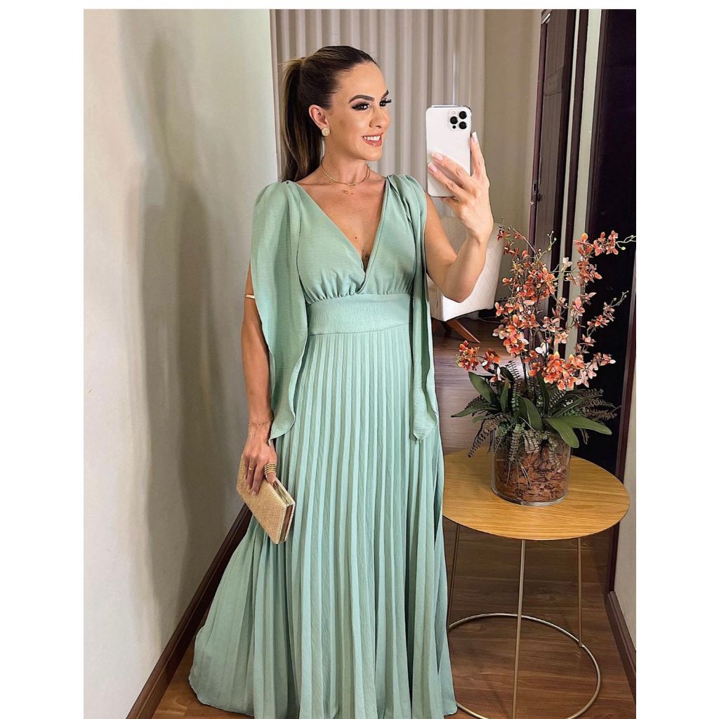 Vestido Plissado Decote V Vestido Para Madrina de Casamentos e Festas Formaturas