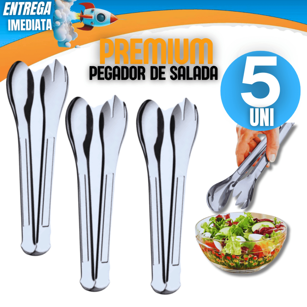 Kit  05 Peças Pegador De Salada Multiuso Cabo Longo Em Aço Inox Linha Premium Variáveis Utilidades