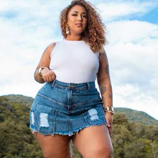 Short Saia Jeans Plus Size Feminino Cintura Alta com Lycra Levanta Bumbum Destroyed Premium em Oferta na Shopee