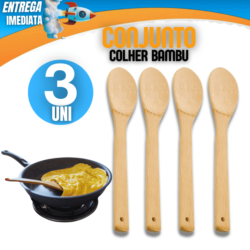 Jogo 3 Colher de Bambu Não Risca a Panela Para Cozinhar Colher de Pau 30Cm Variáveis Utilidades