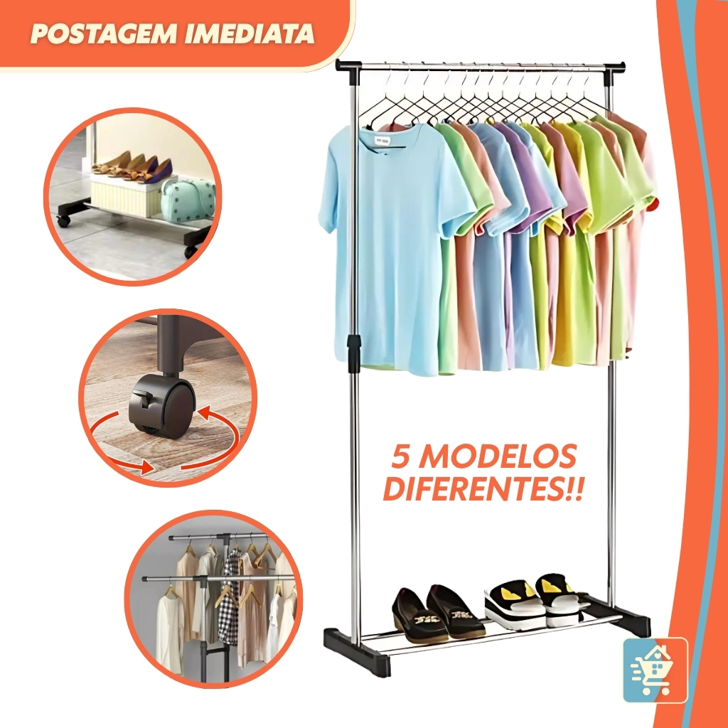 Arara De Roupa Cabideiro De Chão Sapateira Rack Organizador Multiuso Com Rodinhas