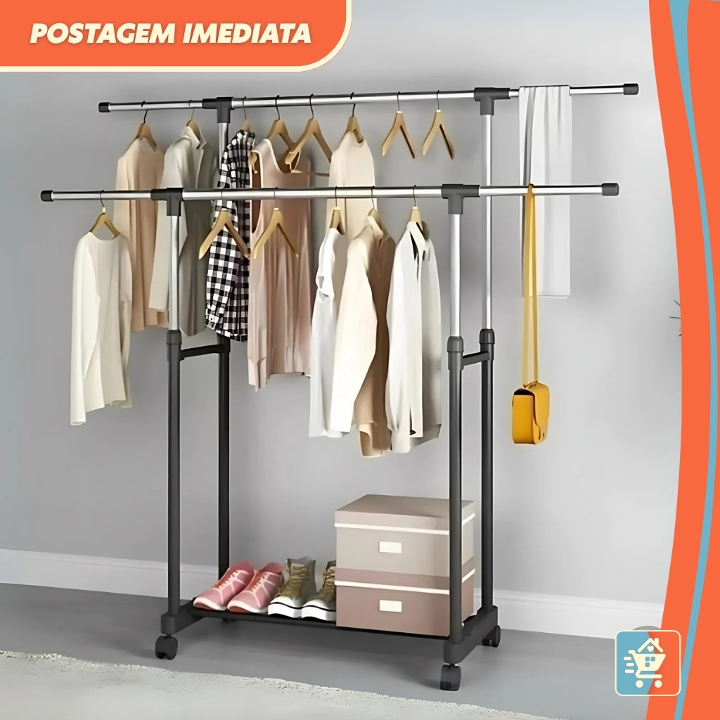 Arara Dupla de Roupa em Aço Inox Cabideiro Sapateira Quarto Resistente c/ Rodinha Multiuso + de 30 Cabides LINHA PREMIUM em Oferta na Shopee