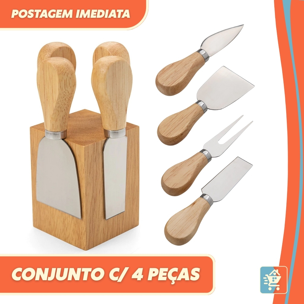Jogo Conjunto 4 Peças para Queijo Kit em Aço Inox com Cabo de Madeira em Bambu