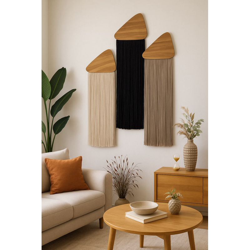 Painel Decorativo Boho com Franjas em Barbante 1,20m x 30cm – Madeira Pinus Artesanal