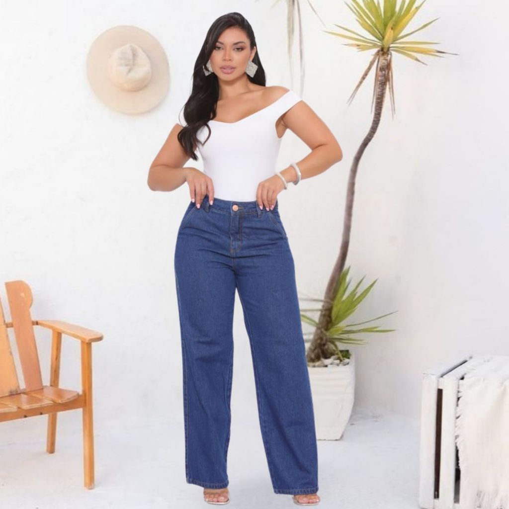 Calça Wide Leg Pantalona Jeans Feminina Cintura Alta Levanta Bumbum 100% algodão Premium Lançamento
