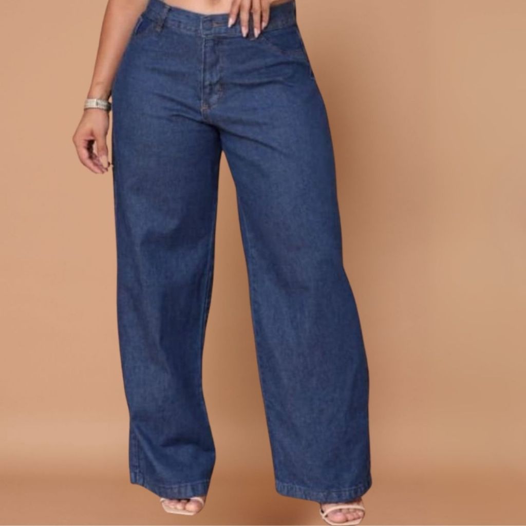 Calça Jeans Feminina Wide Leg Pantalona - Perna Larga Cintura Alta  premium Cós Alto Tecido Grosso