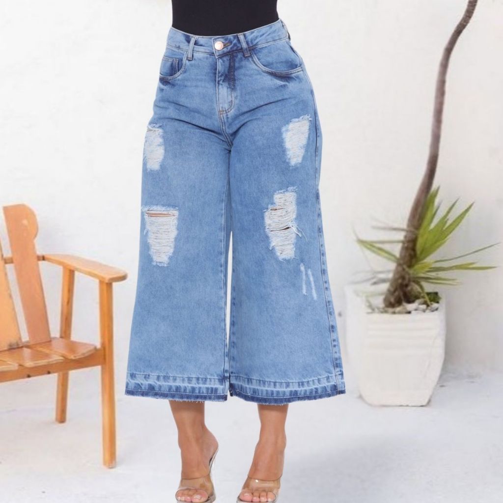 Calça Jeans Mom Pantacourt Marmorizada Feminina Cos Alto Linha Premium Wid Leg Barra Descosturada em Oferta na Shopee