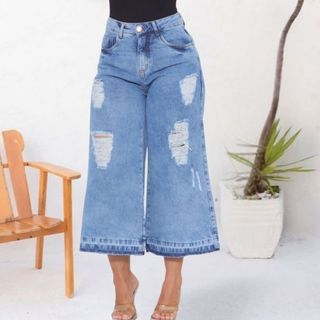 Calça Jeans Mom Pantacourt Marmorizada Feminina Cos Alto Linha Premium Wid Leg Barra Descosturada