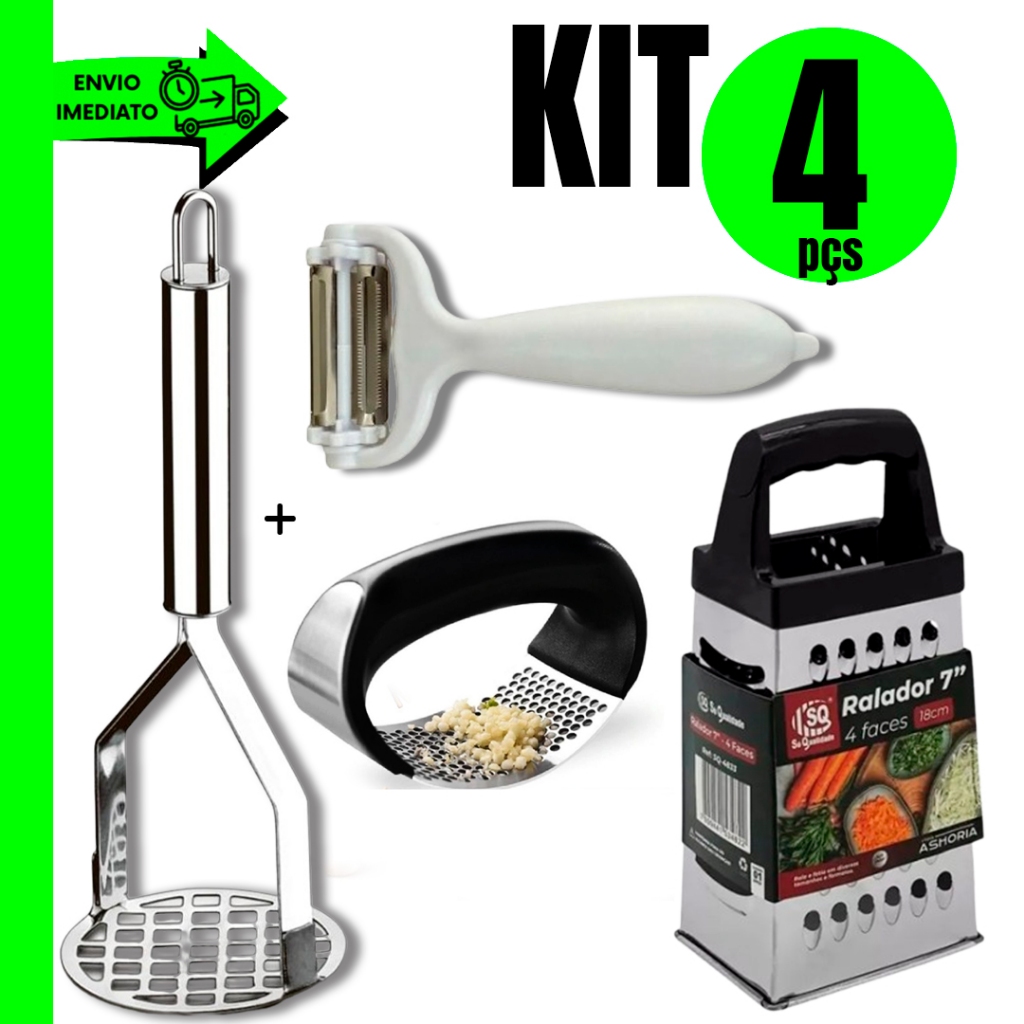 Kit Ralador 4 Faces + Amassador de Alho + Amassador de Batatas + Descascador de Legumes para Sua Casa e Restaurante