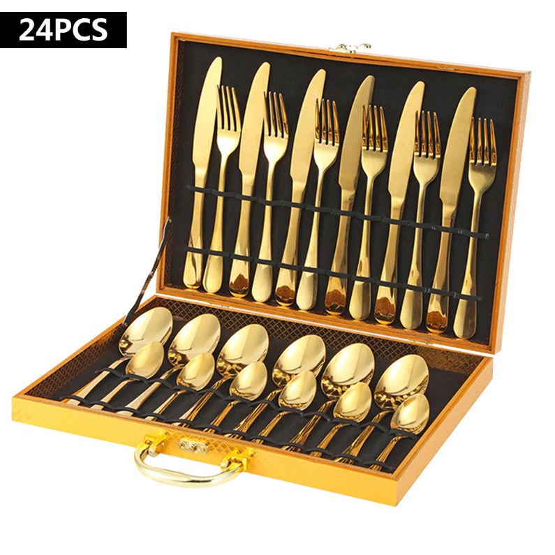 Kit Faqueiro Talheres Com Maleta 24 Peças Em Inox C/ Dourado em Oferta na Shopee