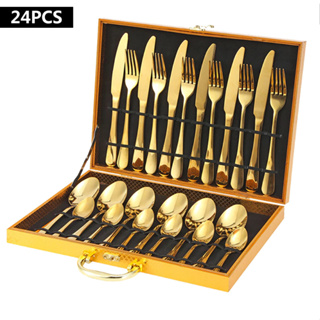 Kit Faqueiro Talheres Com Maleta 24 Peças Em Inox C/ Dourado em Oferta na Shopee