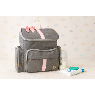Mochila Bebe Maternidade G Luxo Cinza/Rosa Linho Laco