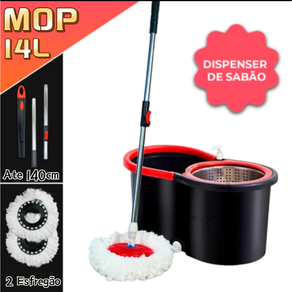 Mop Giratório Cabo Inox 140cm + 2 Refils + 14 L Balde cesto Inox + bocal detergente Balde Centrífuga