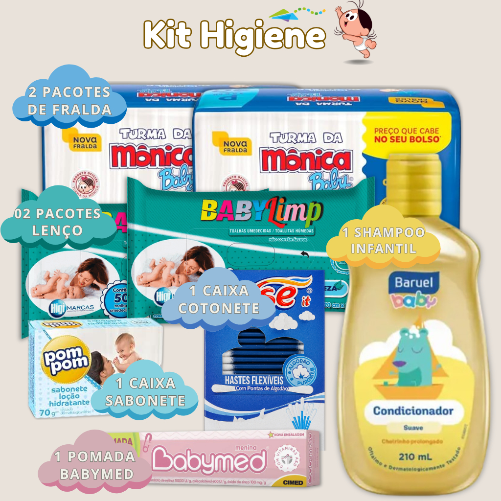 Kit Fralda Infantil + Shampoo Baby + Pomada + Sabonete + Cotonete + 2 Pacotes Lenço Umedecido