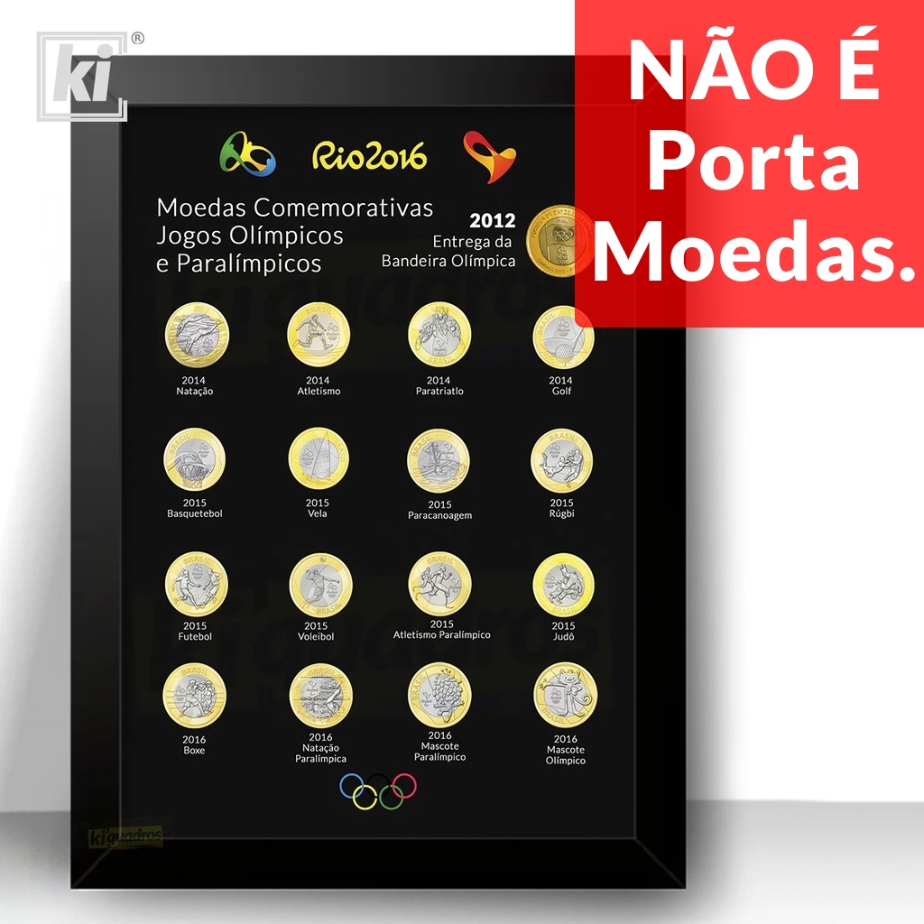 Quadro (NÃO É PORTA MOEDAS) Decorativo Moedas Olimpiadas Rio 2016  Moldura 32x44cm