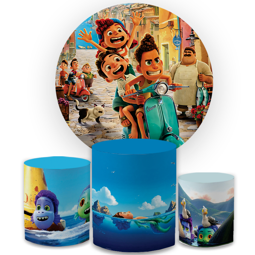 Kit Capa Painel Redondo + Trio Cilindro Decoração Desenho Luca Festa Aniversário Veste Fácil