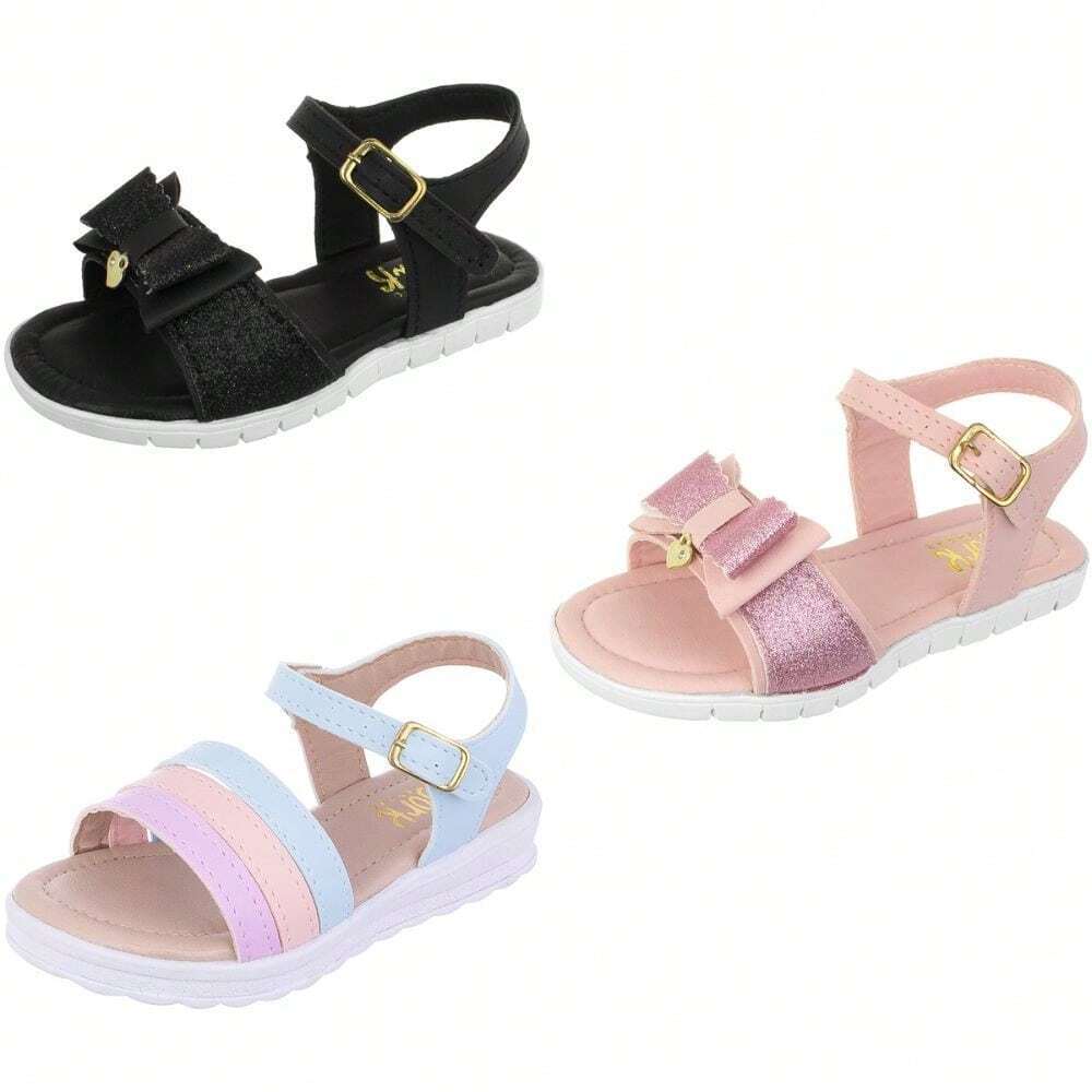Kit 03 Pares de Sandália Rasteira Infantil Feminina Laço Brilho Casual Confortável