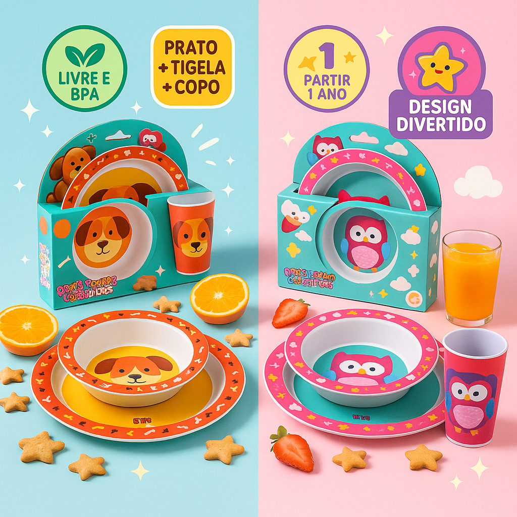 Kit Conjunto Refeição 3 Peças Prato + Tigela + Copo