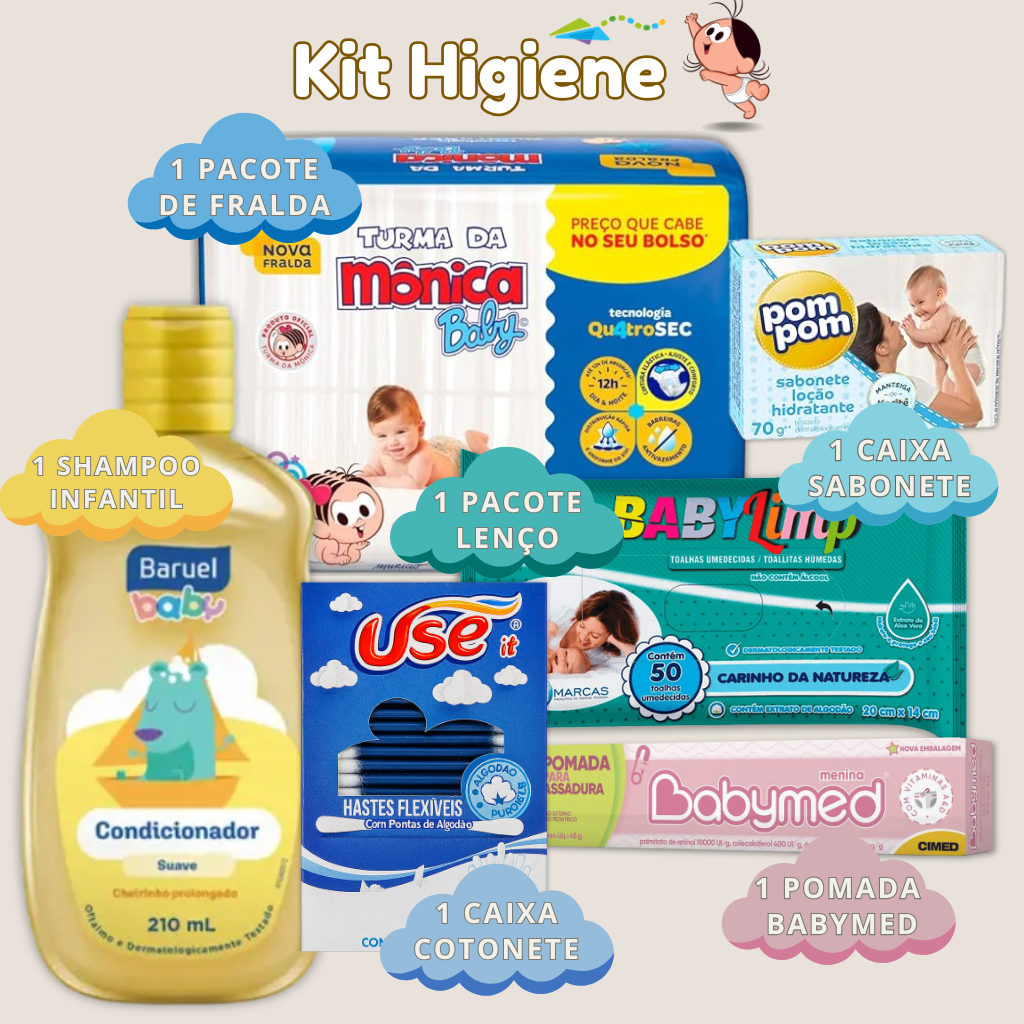 Kit Shampoo Baruel + Fralda Turma da Mônica + Lenço Umedecido + Pomada + Cotonete e Sabonete Baby